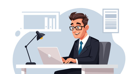 Smiling businessman working on laptop in modern office, perfect for business websites and presentations.