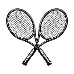 Tennis racket crossed sketch engraving black and white outline. Scratch board imitation.  illustrated in vintage line art style on a white background.