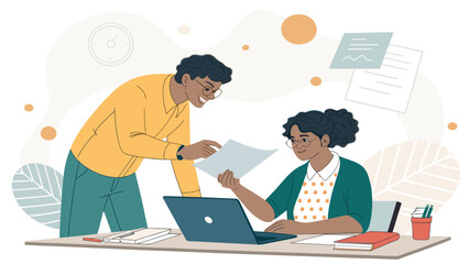 Diverse colleagues collaborating on a project, perfect for illustrating teamwork and productivity on a company website or marketing brochure.