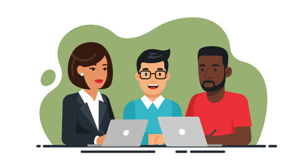 Diverse team collaborating on laptops, ideal for websites, presentations, and marketing materials.