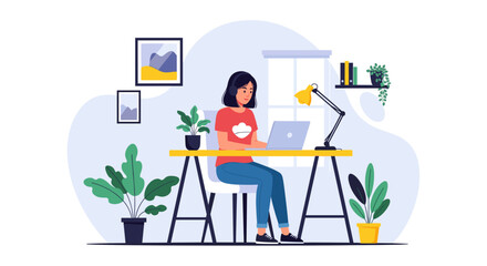 Woman working from home on laptop, perfect for remote work, freelance, or work-life balance concepts.