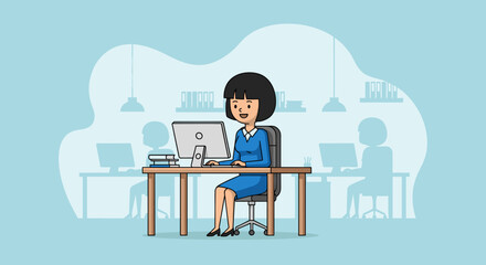 Businesswoman working at her desk in modern office, perfect for website banners or business presentations.