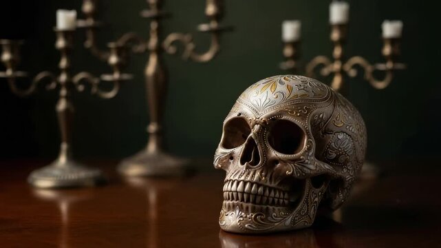 An intricately carved metal skull sits on a dark wood table. Gothic still life with blurred candelabras in the background.