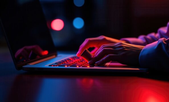 Close-up of hands typing on a laptop keyboard with red and blue lights Vibrant Rim Light technology vibrant background colorful modern