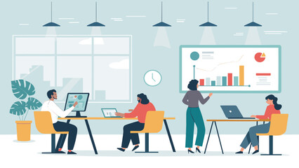 Diverse team collaborating on business analytics, perfect for website banners or presentations.