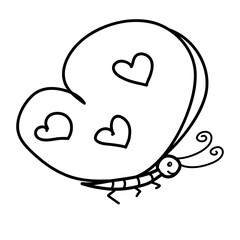 Cute butterfly with heart shaped wings, black outline