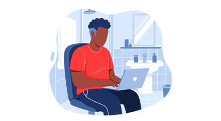 Man working on laptop in bathroom, perfect for illustrating work-life balance or remote work.