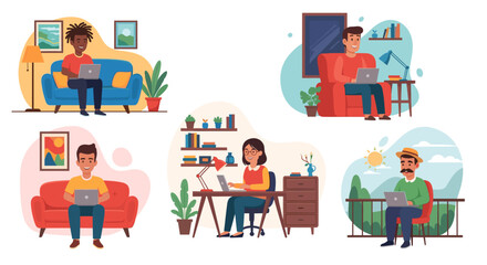 Diverse group of people working remotely from home, ideal for illustrating work from home concepts, remote work, or freelance lifestyle.