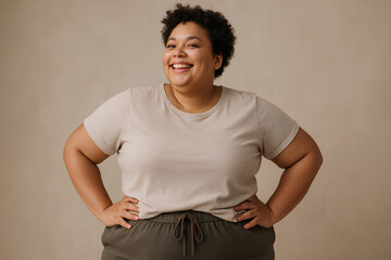 Happy fat woman smiles confidently, hands on hips, against a neutral background.