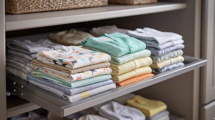 Brightly colored clothing is neatly folded and organized on shelves in this tidy storage area.