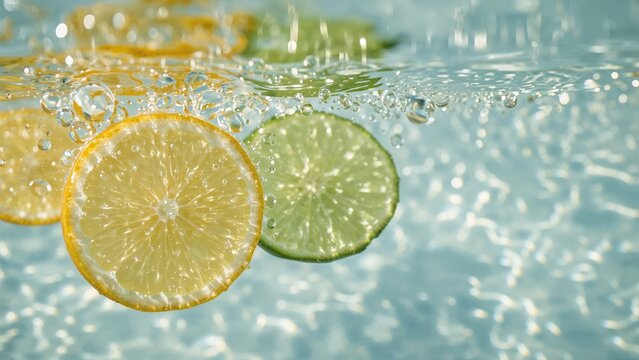 Carbonated water with lemon and lime slices, featuring a blurred background.
