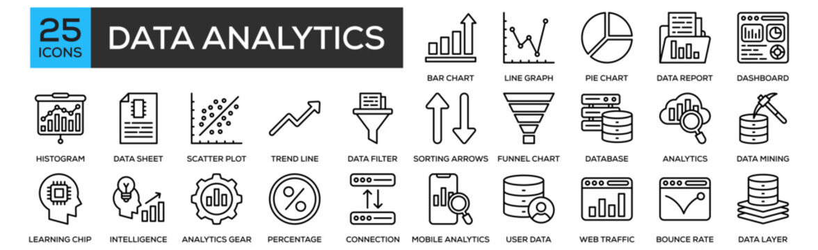 Data Analytics icon collection set. Containing design Bar Chart, Line Graph, Pie Chart, Data Report, Dashboard Panel