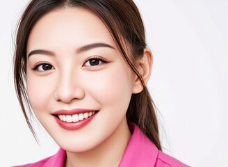 Naklejka premium Smiling Young Woman with Natural Makeup and Close-Up Portrait