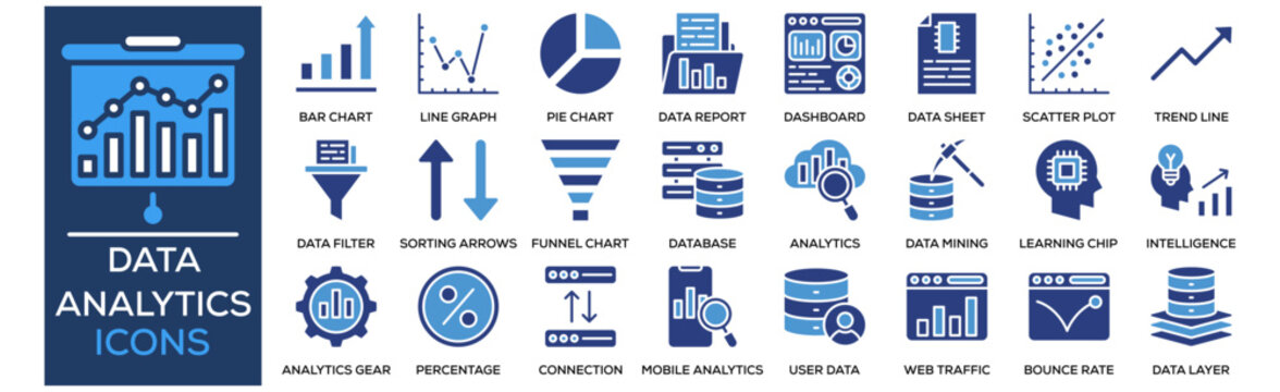 Data Analytics icon collection set. Containing design Bar Chart, Line Graph, Pie Chart, Data Report, Dashboard Panel