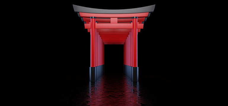 The Japanese Torii gates stand behind each other and form a passage, are located in a dark space and are reflected in the glossy floor.  Historical landmark of Japan. 3D render.
