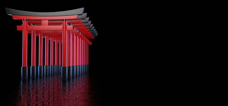 The Japanese Torii gates stand behind each other and form a passage, are located in a dark space and are reflected in the glossy floor.  Historical landmark of Japan. 3D render.