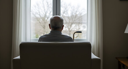 Rear view of senior man sitting on armchair and looking through the window. Lonely old man sitting at home near window during covid19 outbreak. Thoughtful retired man abandoned at nursing home.
