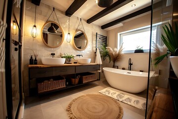 Modern bathroom interior with bathtub, vanity, mirrors, lighting, and decor for relaxation