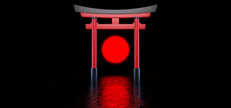 The Japanese Torii Gate stands alone in a dark space against the background of the red sun.  Historical landmark of Japan. 3D rendering.. 3D Render