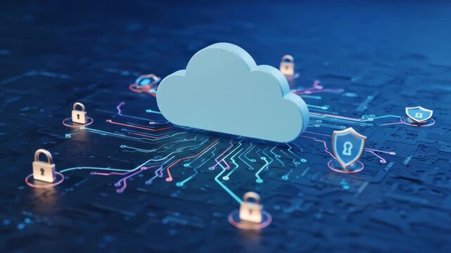 A 3D rendering of a cloud data server secured by digital locks and shields on a circuit board, depicting secure cloud computing and data protection