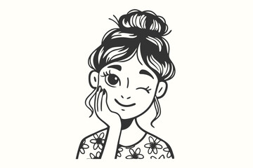 portrait of a cute winking girl with a floral top in black and white