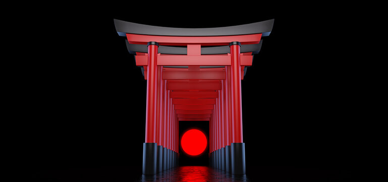 The Japanese Torii gates stand behind each other and form a passage in a dark space against the background of the red sun.  Historical landmark of Japan. 3D rendering. 3D Render