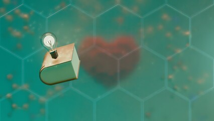 Book and lightbulb floating above heart shape over green hexagon pattern