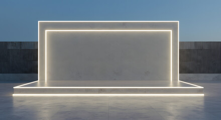 Blank open air presentation stage with glowing light between fence and floor and blue sky on background. 3D rendering, mock up