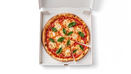 Remaining margherita pizza slices in an unfolded cardboard pizza box seen from above