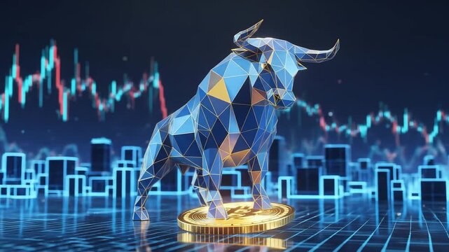 Modern abstract bull figure on golden coin represents financial growth and business strength
