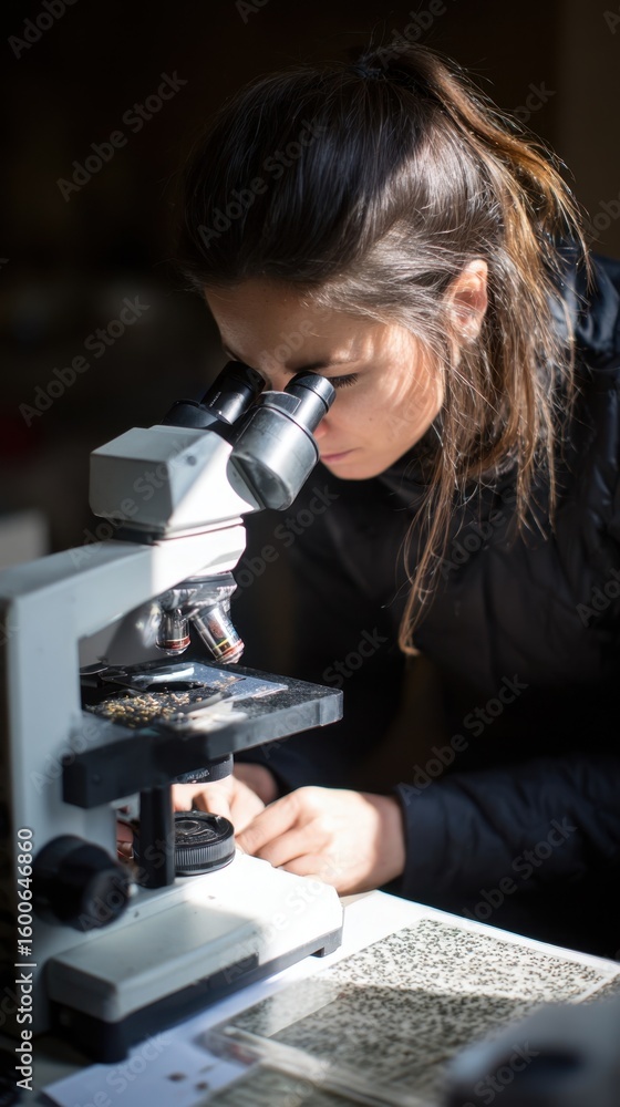 Poster a focused beekeeper sits at a table covered with samples analyzing honeybee microbiomes under a micr