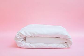 Folded white duvet cover or comforter on pink background for minimal bedding concept