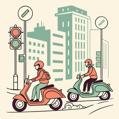 Two people riding scooters on a city street with buildings traffic lights and road signs present here