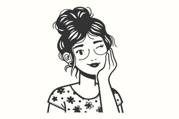 Smiling woman with glasses winks while touching her face with a flower shirt