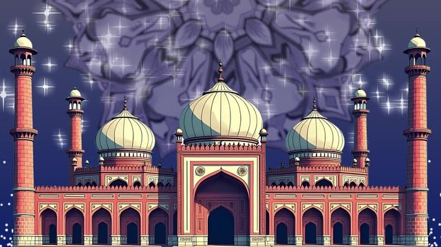 Grand Mosque Architecture Illuminated by Sparkling Stars and Mystical Mandala Patterns, Grand Mosque at Dusk with Celestial Mandala Spiritual Architecture,Majestic Mosque Silhouette with Radiant Manda