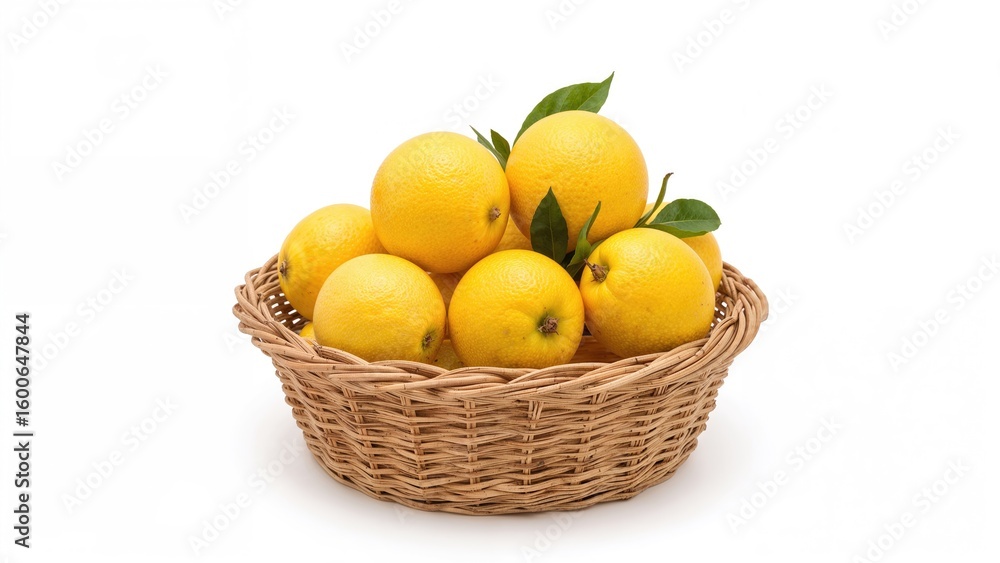 Poster different sized citrus fruits displayed in a wicker basket over a white background