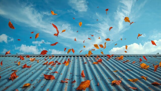 Autumn foliage resting on blue roof panels