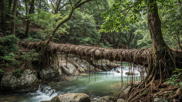 A bridge created by guiding live tree roots to grow and connect