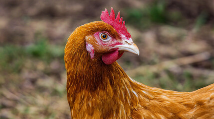 Vibrant brown chicken foraging in a green field during a sunny afternoon, showcasing its detailed feather patterns and bright red comb