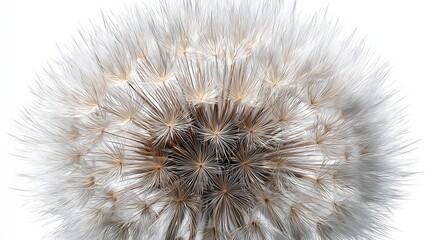 Close-up showcases a spherical seed head, delicate, feathery, with radial structure and a fluffy white appearance against a white background