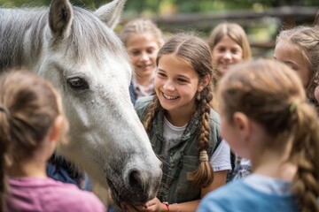 A therapy horse interacts playfully with a group of smiling children outdoors, fostering joy and emotional connection during an educational session in a lively atmosphere