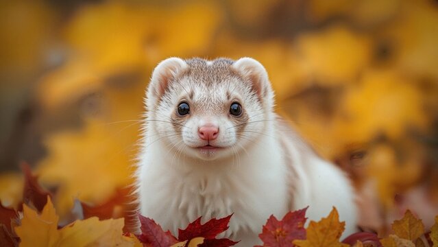 Autumn forest setting with a least weasel in its winter coat, close-up view