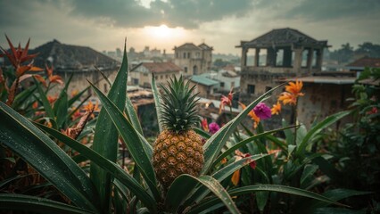 Fototapeta premium Tiny pineapple in the wet season