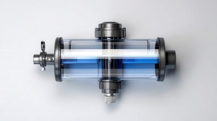 Top view of a transparent industrial component with blue liquid inside.