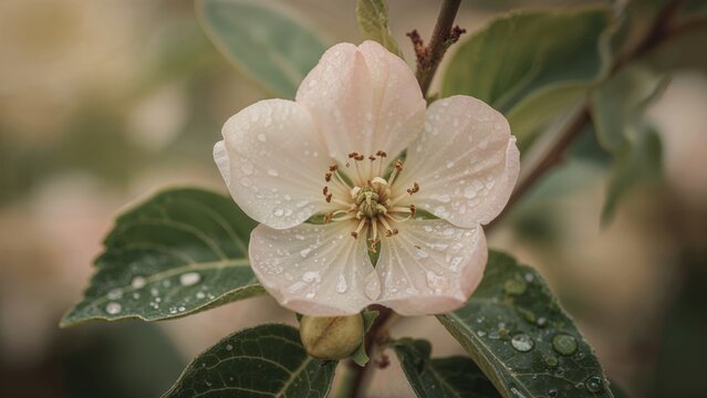 Macro shot of delicate apple blossom featuring soft pink petals with droplets and green leaves in natural setting.