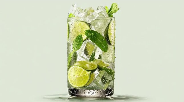 An ultra-realistic image of a tall glass of chilled caipirinha, with floating slices of green lime and mint leaves, featuring a sugar-crusted rim.