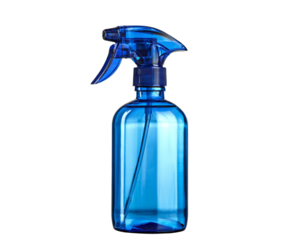 Modern shiny blue transparent spray bottle for cleaning solutions or gardening on transparent background