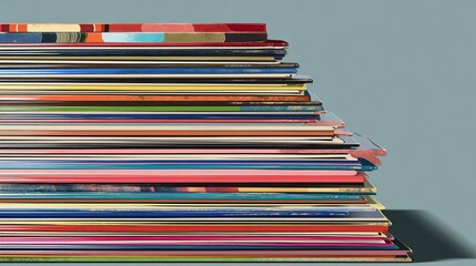 A high stack of colorful books, diverse in size and spine design, rests on a muted gray surface against a pale blue-gray background, casting a subtle shadow