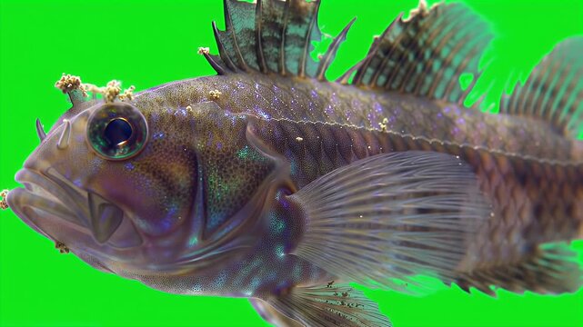 Close-up of a unique bottom-dwelling fish with spiky fins and textured scales, isolated on a vibrant green screen background for easy compositing a...