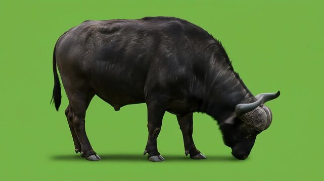 A black African buffalo grazing with its head down set against a green background